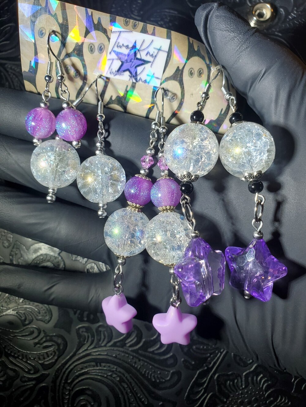 4 Pack - Sparkling Lavender Purple And Clear Iridescent Crackle Earrings Jewelry